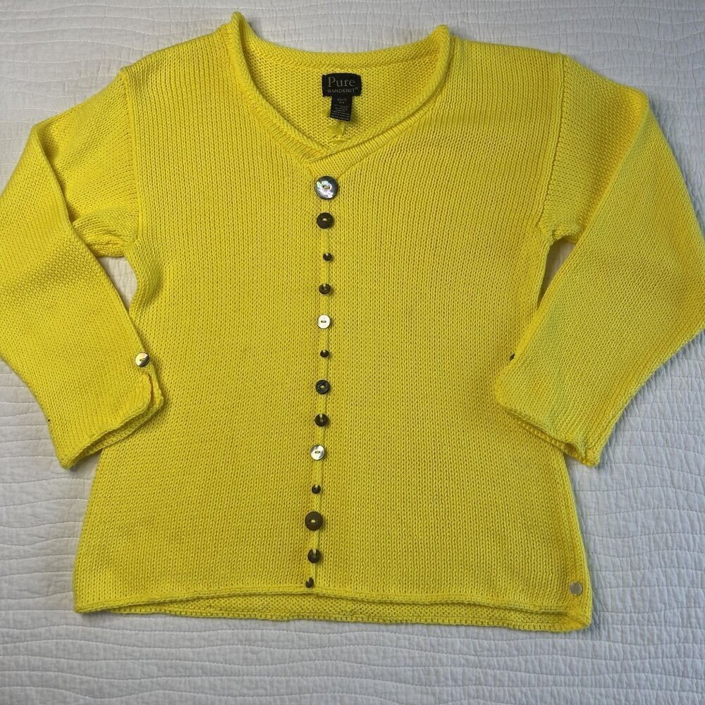 PURE KNITS Pullover Sweater Womens Size XS-S Yellow Buttons V Neck Long Sleeve - Picture 2 of 8